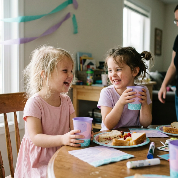 Candid mermaid birthday scene with girls holding mermaid tail cups