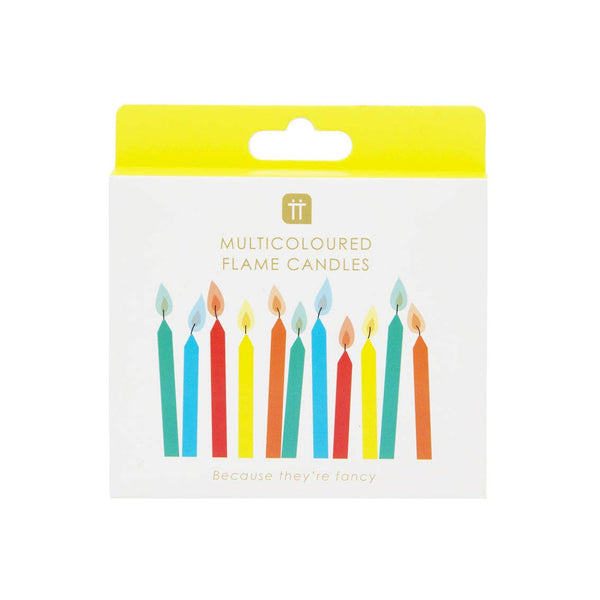 Pack of multicolored flame candles with a yellow top on a white background