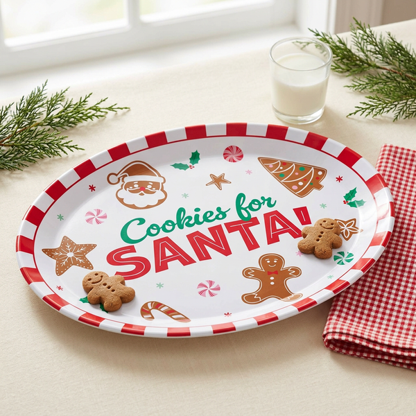 Christmas Cookie Serving Tray styled with cookies, milk, and festive accents