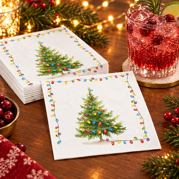 Christmas Lights cocktail napkins beside a festive drink