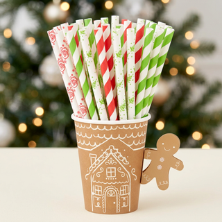 Christmas straw mix using the four supplied product photos in a gingerbread cup