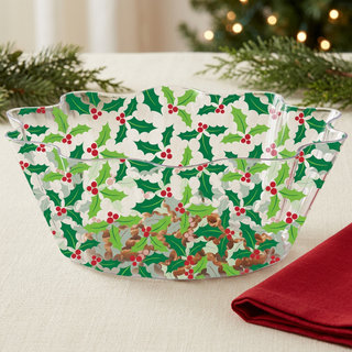 Clear holly-print serving bowl styled for Christmas