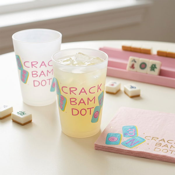 Crack Bam Dot frosted cups and matching cocktail napkins styled for mahjong night