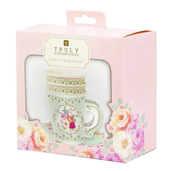 Mint Green Floral Paper Teacup with Saucer – Tea Party Decor
