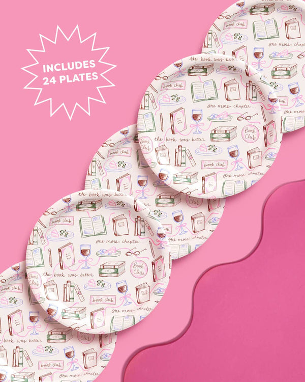 Set of plates with book-themed design on a pink background