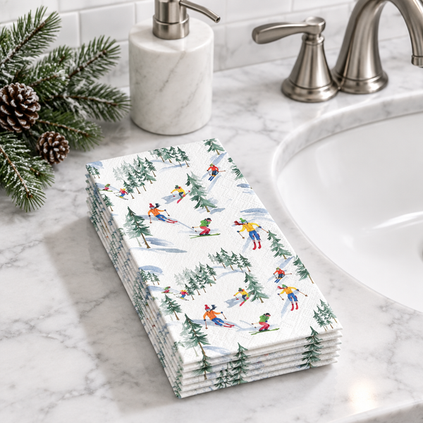 Down The Slope guest towels beside a bathroom sink