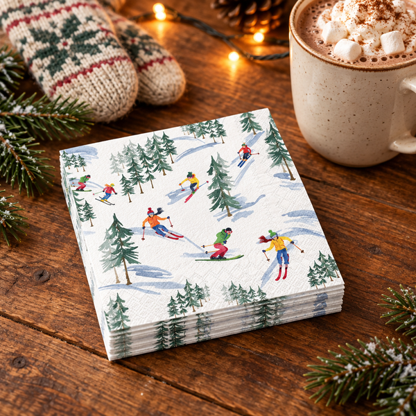 Down The Slope napkin stack with hot cocoa
