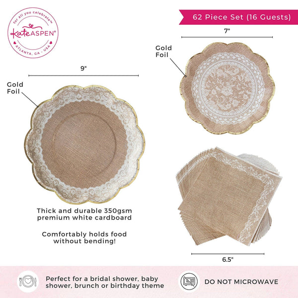 Burlap and Lace 62 pcs Tableware Set