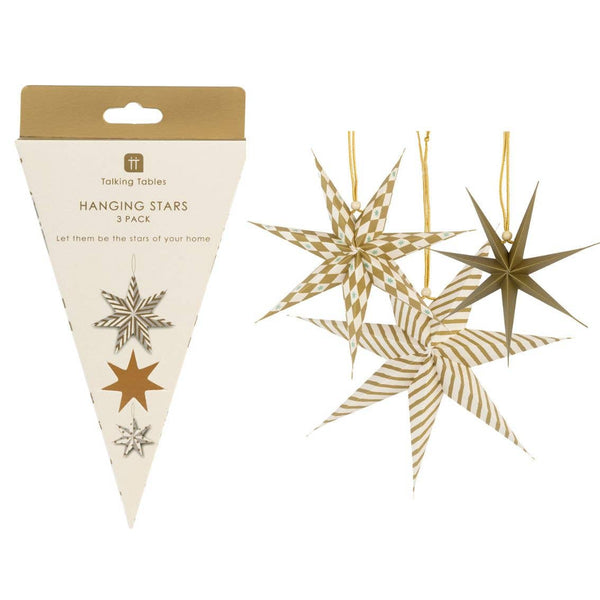Gilded Paper Stars Christmas Tree Decorations - 3 Pack