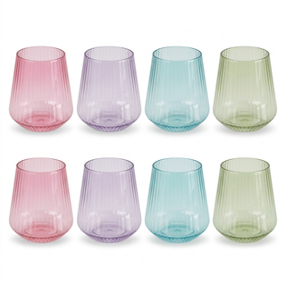Eight pastel ribbed cups, two each in pink, purple, blue, and green