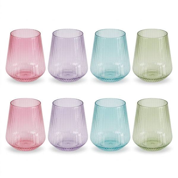 Eight pastel ribbed cups, two each in pink, purple, blue, and green
