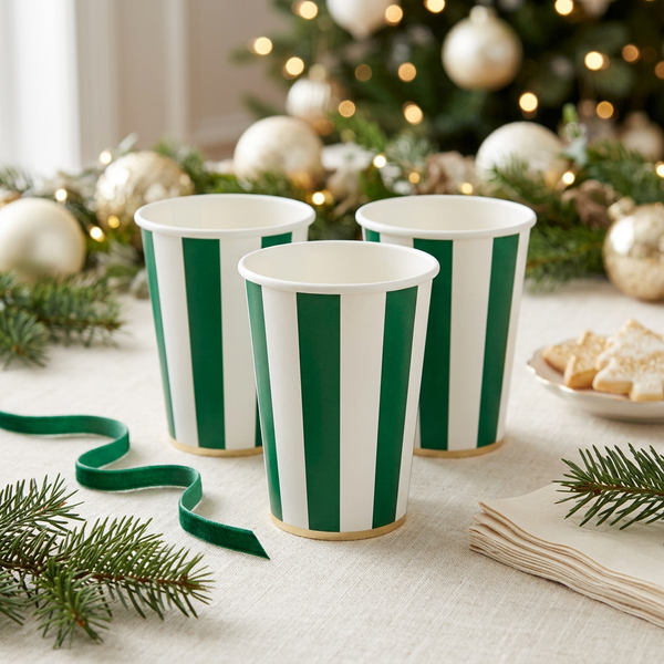 Emerald cabana stripe cups styled on a green-and-gold holiday drinks table