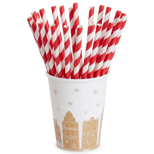 Gingerbread cup with 20 red-and-white striped straws standing inside