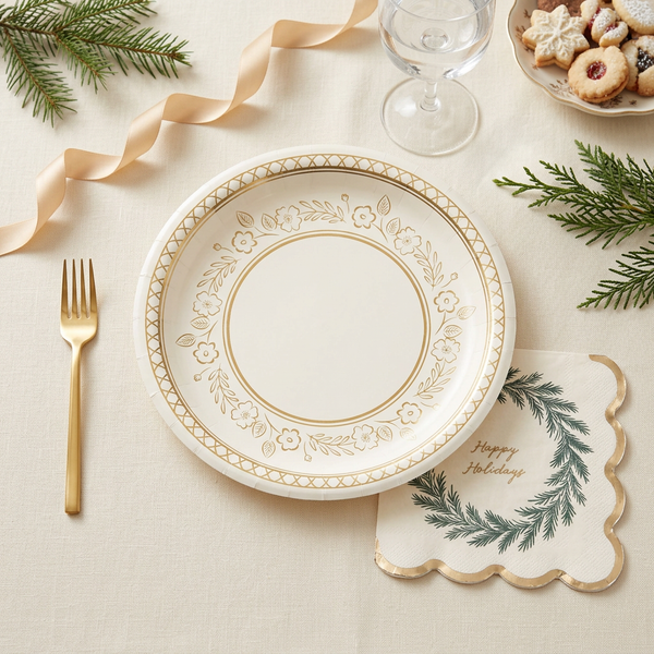 Gold-and-cream plate with Happy Holidays wreath cocktail napkin