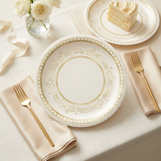 Gold and cream plates styled on an elegant bridal dessert table