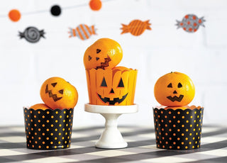 Black and Orange Jack-o-lantern Treat Cups / Pumpkin Treat Cups / Halloween Treat Cups / Baking Cups /Black and Orange Polka Dot Baking Cups