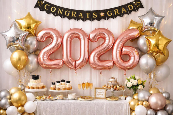 2026 Gold Foil Number Jumbo Balloons | 1 Set | Graduation Party Decor | Class of 2026 Balloon | Senior Night | 34" | Gold | Silver | Pink