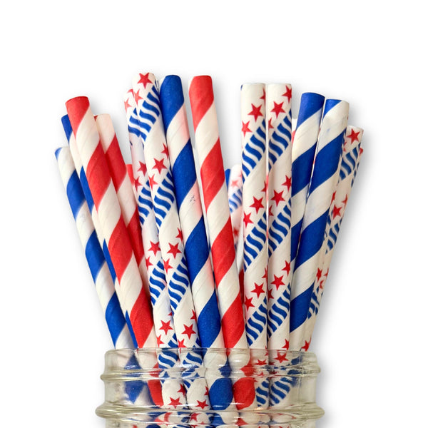 Patriotic Paper Straws, Red White Blue Stripes Stars Mix, 4th July Party Supplies | Made in USA