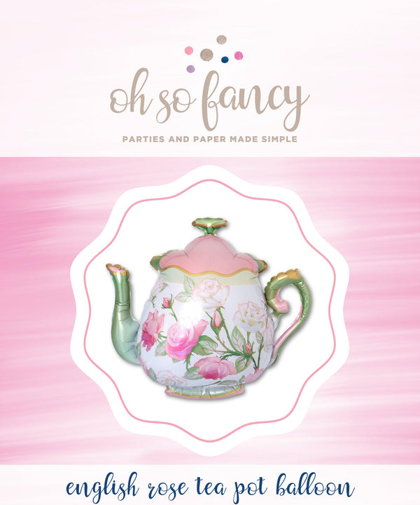 Tea pot balloon with floral design on a pink watercolor background, featuring 'oh so fancy' branding.