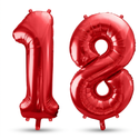 Red number 1 and number 8 foil balloons arranged as 18 on a white background