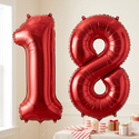Red 18 jumbo foil balloon bundle styled for an 18th birthday celebration