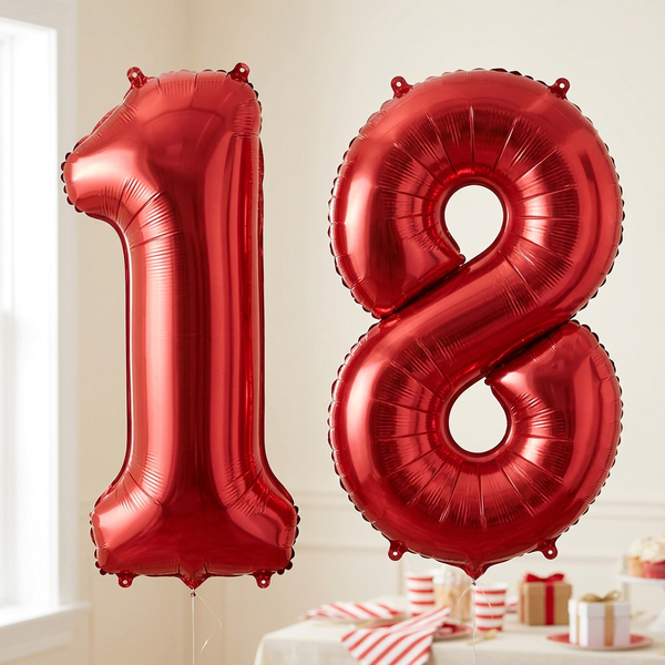 Red 18 jumbo foil balloon bundle styled for an 18th birthday celebration