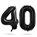 Black number 4 and number 0 foil balloon bundle on a white background