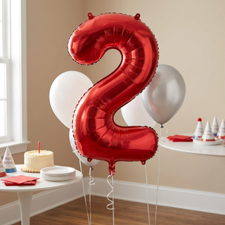 Red number 2 foil balloon with white and silver accent balloons at a second birthday celebration