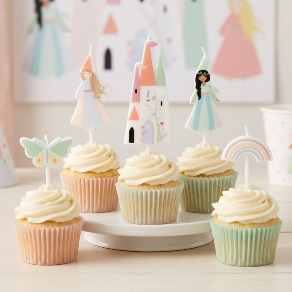 Magical Princess candles styled on five cupcakes