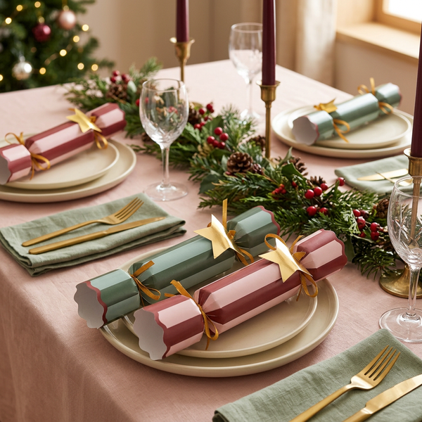 Pink and green striped Christmas crackers styled on a festive holiday table