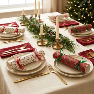 Plaid and holly Christmas crackers styled on a classic holiday table
