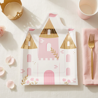 Princess castle plate styled with blush pink and gold party accents