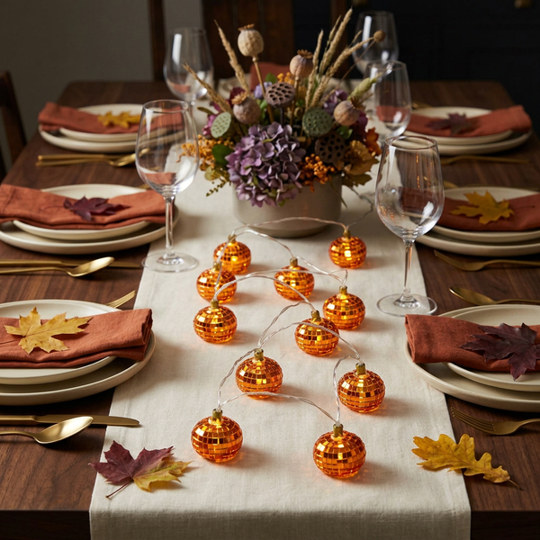 Pumpkin disco lights styled on an autumn tablescape