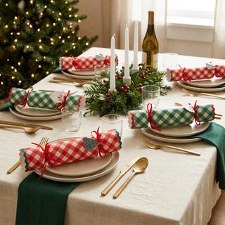 Red and green gingham Christmas crackers styled on a festive dinner table