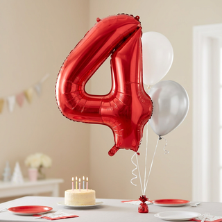 Red number 4 foil balloon in a fourth birthday party setting