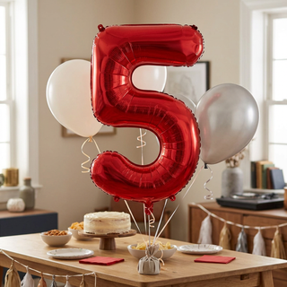 Red number 5 balloon with white and silver balloons at a birthday party