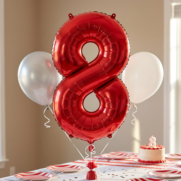 Red number 8 foil balloon in an eighth birthday party setting