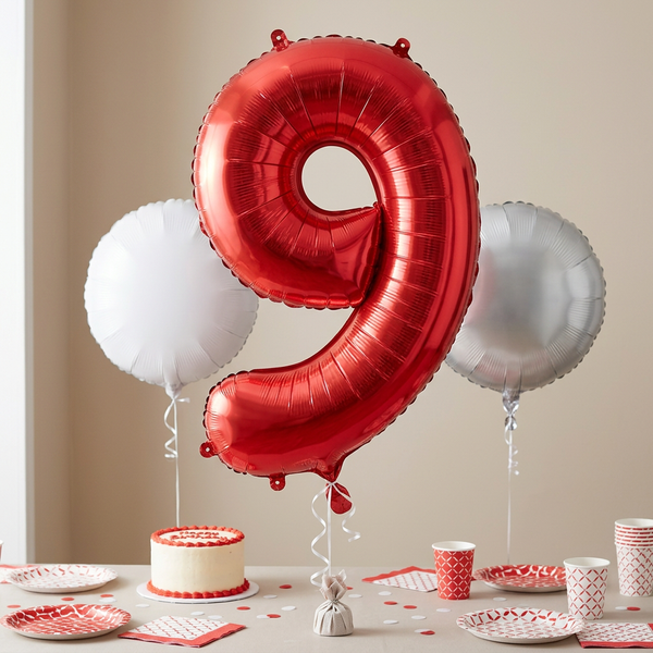 Red number 9 foil balloon in a ninth birthday party setting