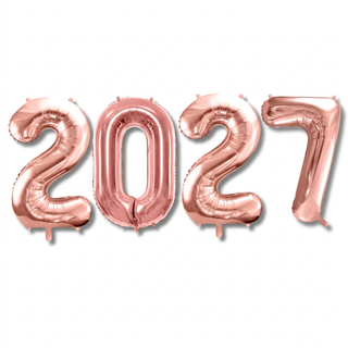 Rose gold foil number balloons spelling 2027 on white