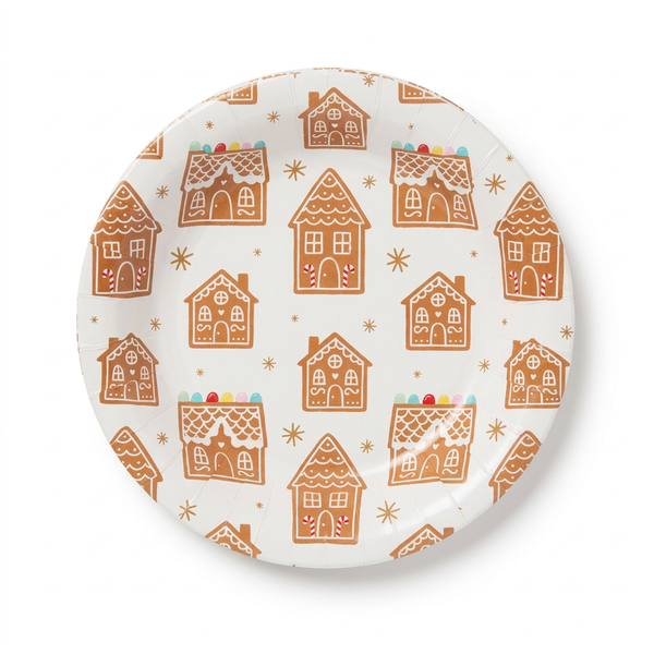 Round gingerbread house plate on a white background