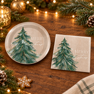 Single Gilded Tree plate and napkin on the earlier festive background