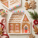 Styled gingerbread house plates on a festive cookie-decorating table