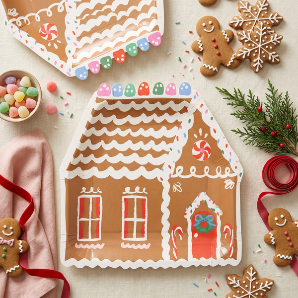 Styled gingerbread house plates on a festive cookie-decorating table