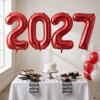 Styled red 2027 balloon party display