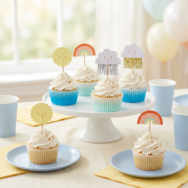 Sunshine cupcake kit styled on a birthday dessert table