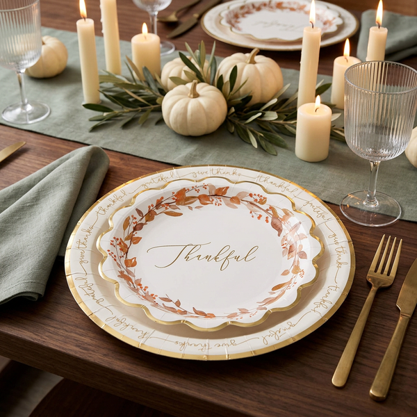 Thankful wreath plate layered over the Grateful Thankful plate as a charger on a candlelit table