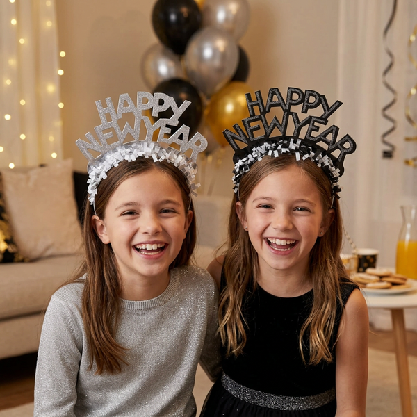 Two kids wearing Happy New Year tiaras