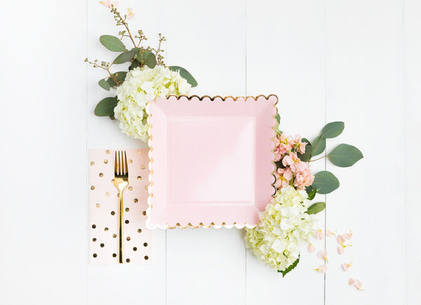 Pink Scalloped Plate / Pink Paper Plate / Pink Square Plate / Pink Baby Shower Plate / Pink Bridal Shower Plate / Pink and Gold Plate