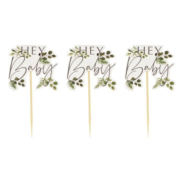 Hey Baby Cupcake Toppers (set of 12) / Baby Shower Cupcake Topper / Hey Baby / Cupcake Toppers / Botanical Baby Shower /