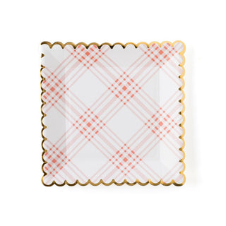 Coral and Gold Plaid Scallop Plates 
